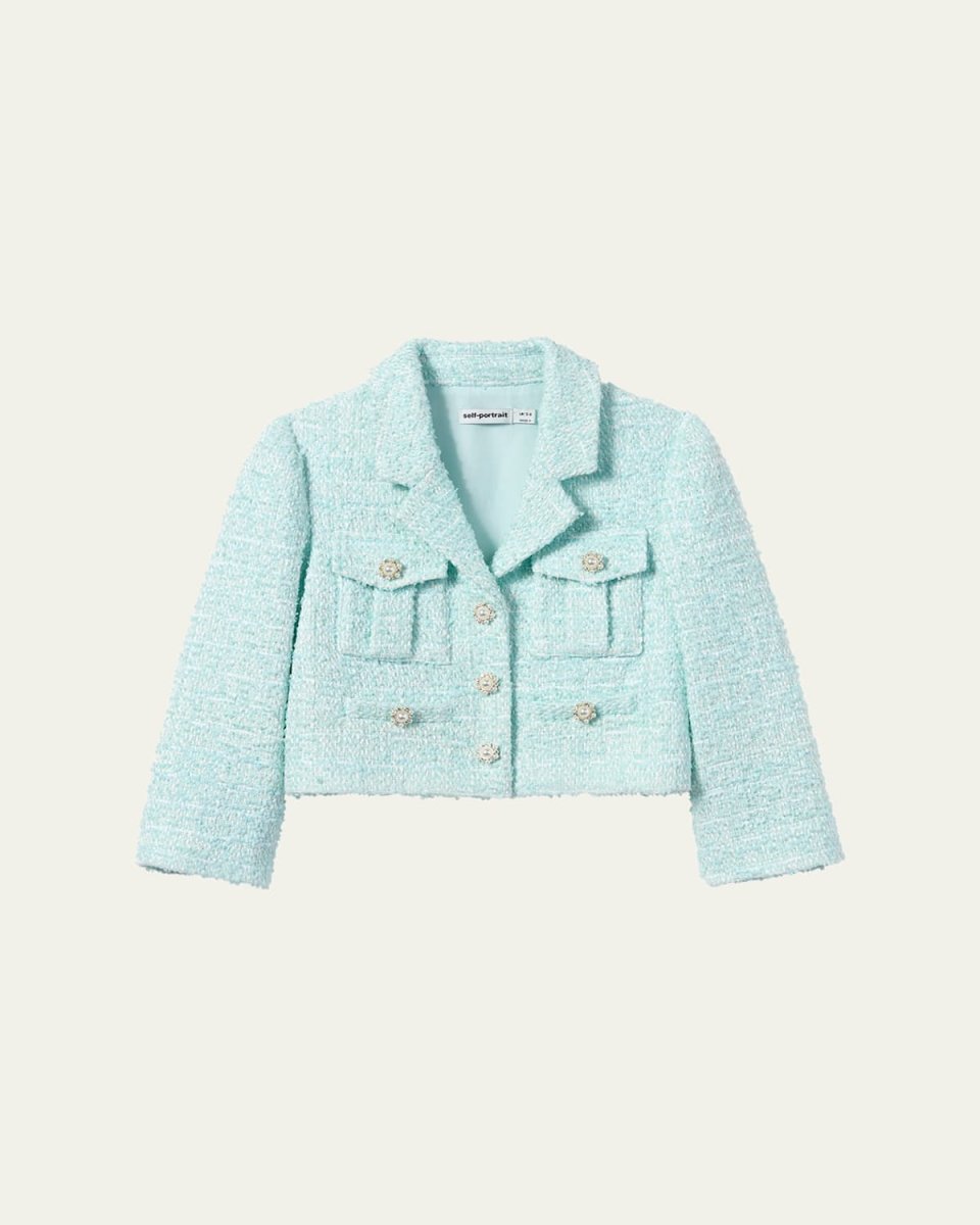 Girl's Boucle Flower Button Jacket, 3T